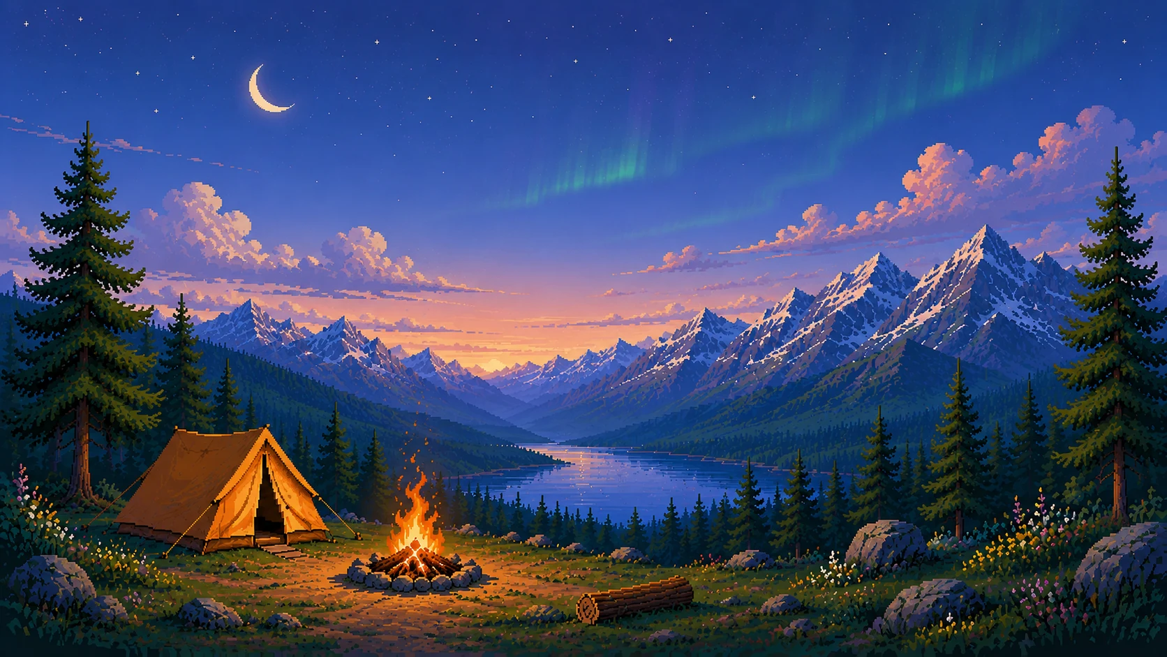 Pixel-art illustration of a campsite in a Canadian mountain valley, with a campfire burning below the peaks
